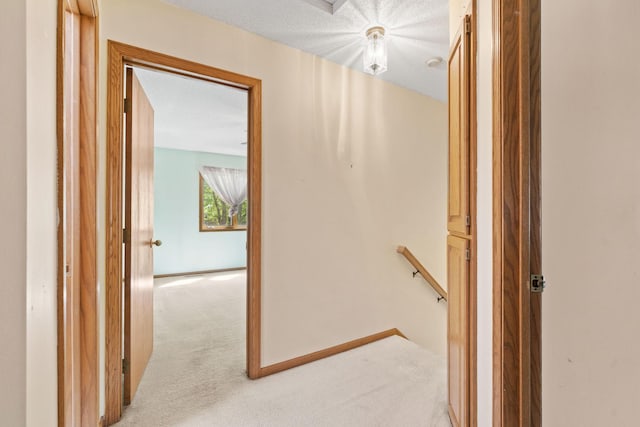 corridor with an upstairs landing and carpet floors