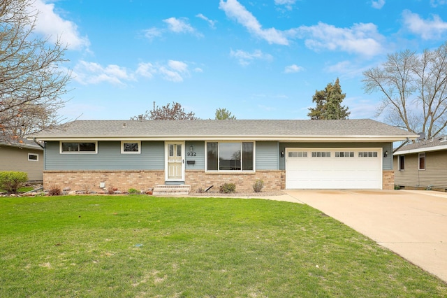 ranch-style house with a front lawn, brick siding, a garage, entry steps, and concrete driveway