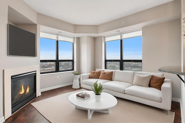 500 Grant St Unit 1711, Minneapolis, MN 55404 - living room with a glass covered fireplace, wood finished floors, a healthy amount of sunlight, and visible vents