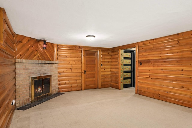 5352 15th Ave S, Minneapolis, MN 55417 - unfurnished living room featuring a fireplace and log walls