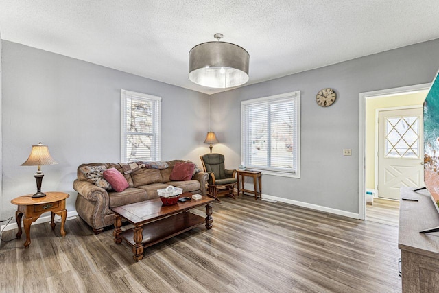 living area with baseboards, a textured ceiling, and wood finished floors