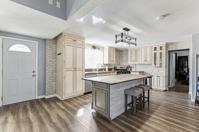 kitchen with wooden counters, a kitchen island, dark wood-type flooring, and stainless steel appliances