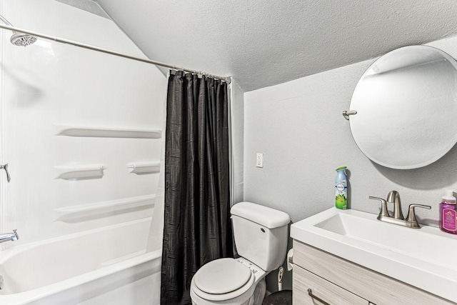 full bathroom with toilet, shower / bathtub combination with curtain, vaulted ceiling, and a textured ceiling