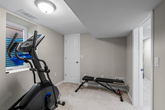 1332 Jersey Ave S, Saint Louis Park, MN 55426 - workout room featuring a textured ceiling, visible vents, carpet flooring, and baseboards