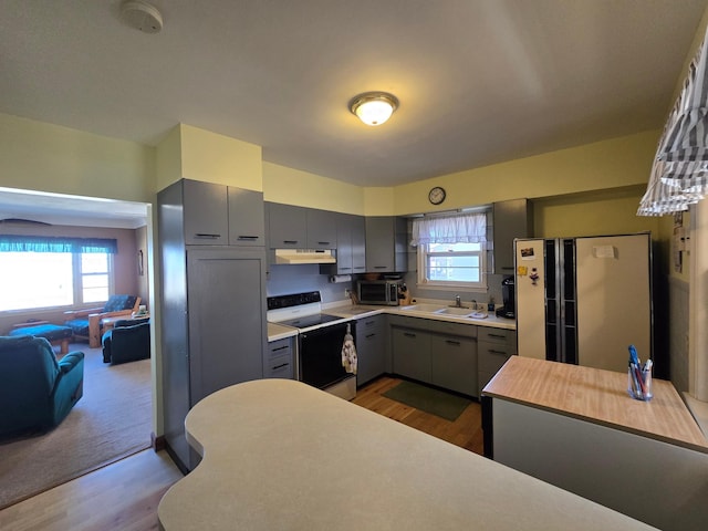 16099 Twilight Rd, Kathio Twp, MN 56359 - kitchen with range with electric cooktop, gray cabinetry, freestanding refrigerator, and stainless steel microwave