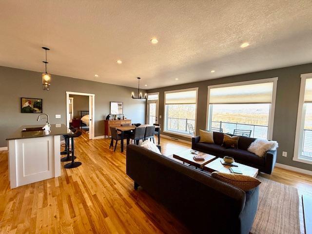 817 2nd St N, Brownsville, MN 55919 - living area featuring baseboards, light wood-style flooring, plenty of natural light, and a notable chandelier
