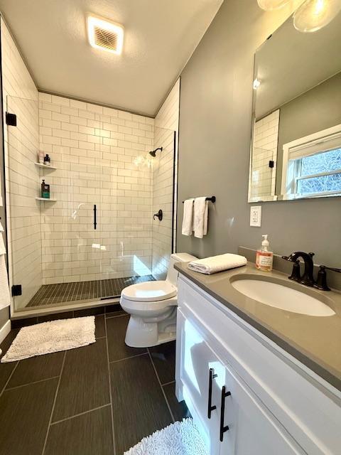 817 2nd St N, Brownsville, MN 55919 - bathroom with vanity, a stall shower, visible vents, and toilet