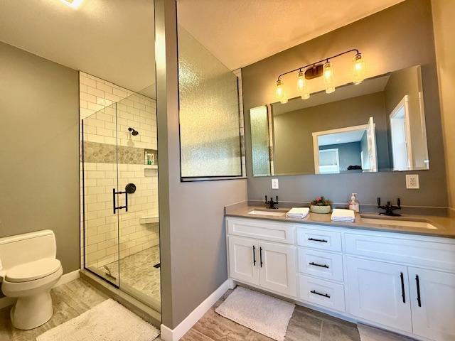 817 2nd St N, Brownsville, MN 55919 - full bath featuring a sink, a stall shower, toilet, and double vanity