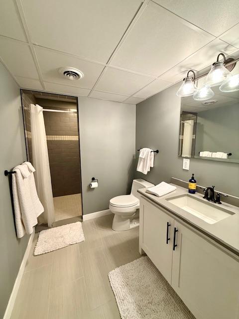 817 2nd St N, Brownsville, MN 55919 - bathroom featuring vanity, toilet, baseboards, visible vents, and tiled shower