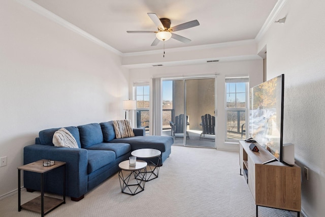 13560 Technology Dr Unit 1210, Eden Prairie, MN 55344 - living room with a ceiling fan, healthy amount of natural light, crown molding, and light colored carpet