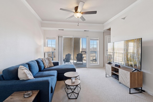 13560 Technology Dr Unit 1210, Eden Prairie, MN 55344 - carpeted living room featuring crown molding, a ceiling fan, and healthy amount of natural light