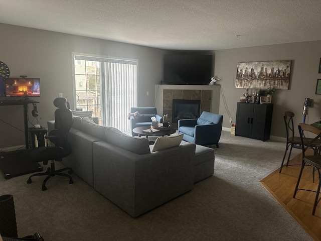 7048 Park Dr, Savage, MN 55378 - carpeted living area with baseboards, a tiled fireplace, and a textured ceiling