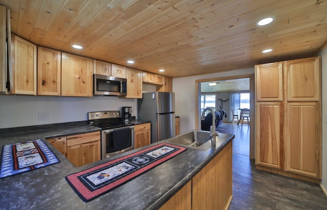 27672 Little Whitefish Rd, Garrison, MN 56450 - kitchen featuring appliances with stainless steel finishes, a sink, dark countertops, recessed lighting, and dark wood-style floors