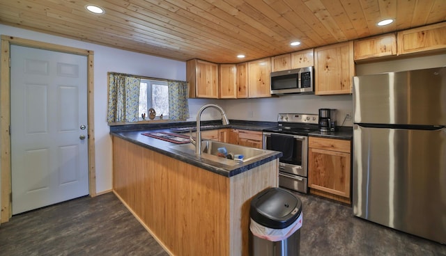 27672 Little Whitefish Rd, Garrison, MN 56450 - kitchen featuring stainless steel appliances, a peninsula, wood ceiling, dark countertops, and a sink