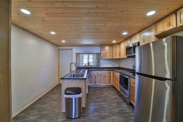 27672 Little Whitefish Rd, Garrison, MN 56450 - kitchen featuring appliances with stainless steel finishes, a sink, wood ceiling, recessed lighting, and dark countertops