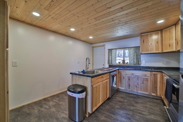 27672 Little Whitefish Rd, Garrison, MN 56450 - kitchen featuring a sink, wood ceiling, stainless steel dishwasher, dark countertops, and recessed lighting
