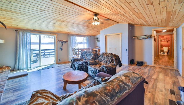 27672 Little Whitefish Rd, Garrison, MN 56450 - living room featuring wood ceiling, lofted ceiling, hardwood / wood-style floors, and ceiling fan