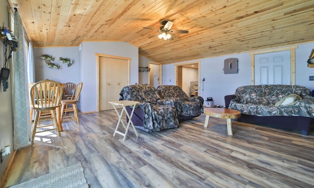 27672 Little Whitefish Rd, Garrison, MN 56450 - living room with wood finished floors, vaulted ceiling, wooden ceiling, and a ceiling fan