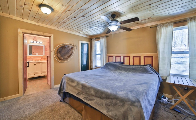 27672 Little Whitefish Rd, Garrison, MN 56450 - bedroom with wooden ceiling, carpet, and ensuite bathroom