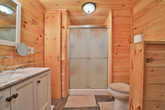 27672 Little Whitefish Rd, Garrison, MN 56450 - full bathroom with wood walls, vanity, a shower stall, toilet, and wooden ceiling