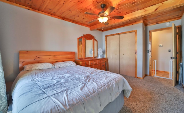 27672 Little Whitefish Rd, Garrison, MN 56450 - carpeted bedroom featuring wooden ceiling, a closet, a ceiling fan, and baseboards