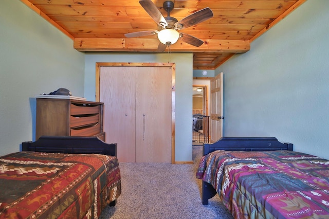 27672 Little Whitefish Rd, Garrison, MN 56450 - carpeted bedroom featuring wood ceiling, a closet, and ceiling fan