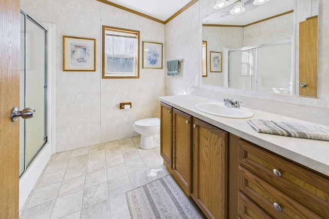 42479 US-71, Laporte, MN 56461 - bathroom featuring ornamental molding, a shower with door, vanity, toilet, and vaulted ceiling