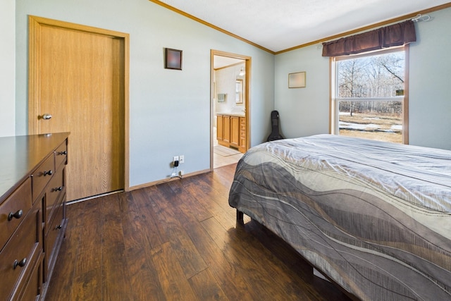 42479 US-71, Laporte, MN 56461 - bedroom featuring lofted ceiling, ornamental molding, dark wood-style floors, baseboards, and ensuite bath