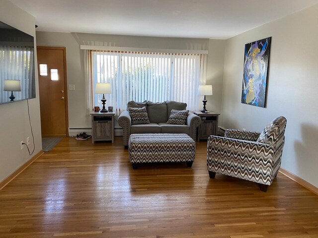 713 Maple Dr, Aurora, MN 55705 - living room with a baseboard heating unit, wood finished floors, and baseboards