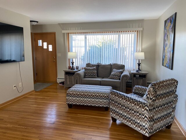 713 Maple Dr, Aurora, MN 55705 - living room featuring a baseboard heating unit, baseboards, and wood finished floors