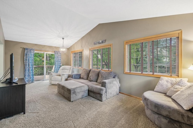108 Serenity Cir, Buffalo, MN 55313 - living room featuring carpet, lofted ceiling, baseboards, and a chandelier