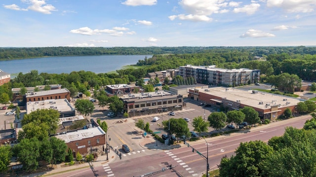 drone / aerial view with a water view and a wooded view
