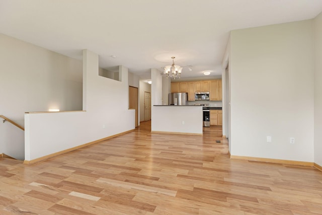 645 1st St Unit 411, Minneapolis, MN 55401 - unfurnished living room featuring a chandelier, light wood finished floors, and baseboards