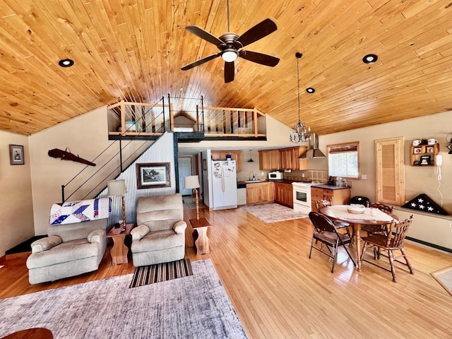 4832 Ambassador Point Ct, Leiding Twp, MN 55771 - living area featuring wooden ceiling, lofted ceiling, light wood-type flooring, ceiling fan, and stairway