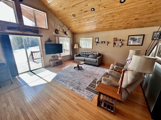 4832 Ambassador Point Ct, Leiding Twp, MN 55771 - living area featuring wood-type flooring, high vaulted ceiling, and wood ceiling