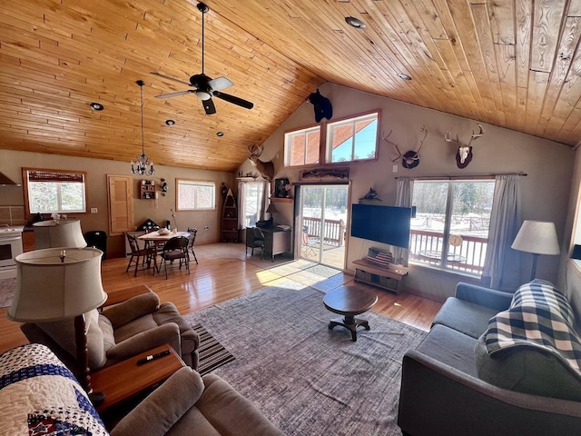 4832 Ambassador Point Ct, Leiding Twp, MN 55771 - living area with wood ceiling, vaulted ceiling, wood finished floors, and a ceiling fan