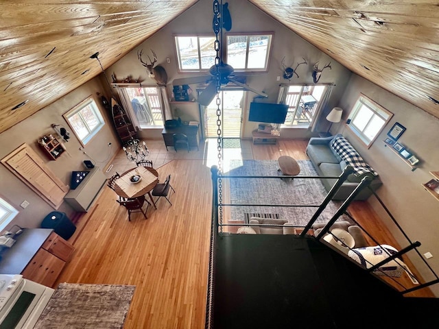 4832 Ambassador Point Ct, Leiding Twp, MN 55771 - living room with high vaulted ceiling, plenty of natural light, wood finished floors, a ceiling fan, and wooden ceiling