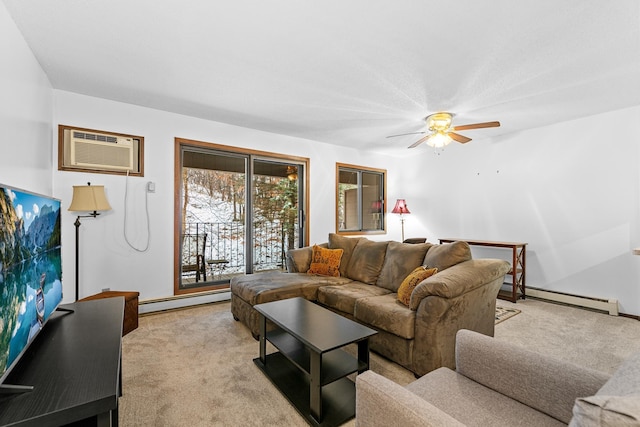living room with light carpet, a wall mounted AC, a baseboard radiator, and a ceiling fan