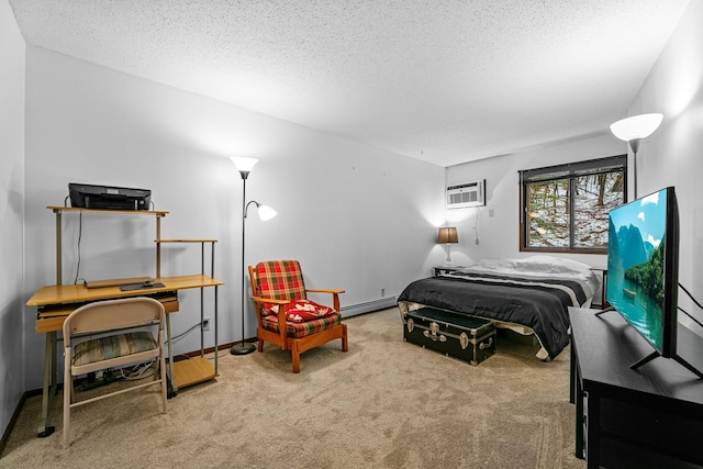 carpeted bedroom with a baseboard radiator, baseboards, a wall unit AC, and a textured ceiling