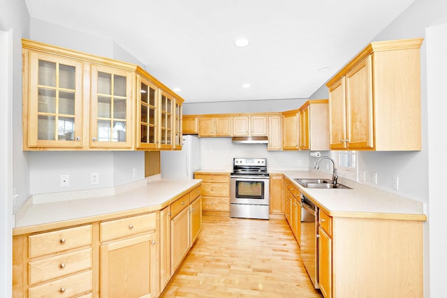 kitchen featuring appliances with stainless steel finishes, light brown cabinetry, a sink, light wood-style floors, and under cabinet range hood