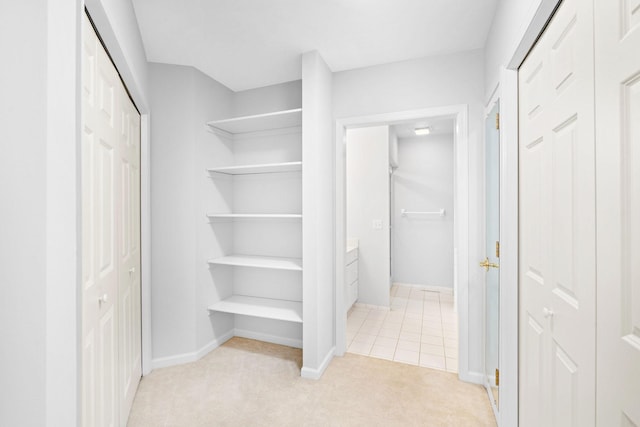 walk in closet with light colored carpet