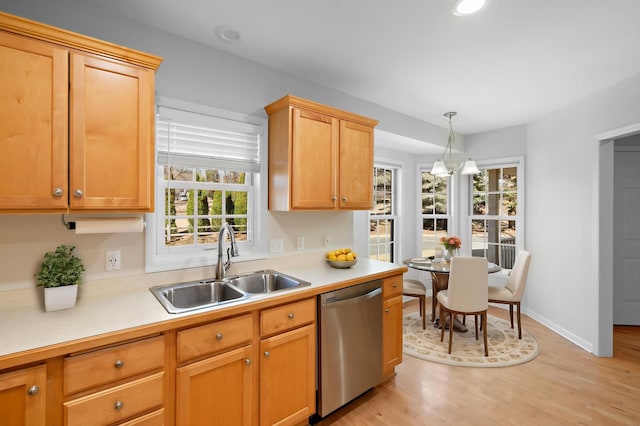 kitchen featuring a sink, light countertops, plenty of natural light, and stainless steel dishwasher