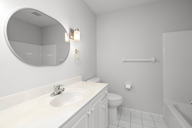 full bathroom with vanity, toilet, tile patterned floors, a tub, and visible vents