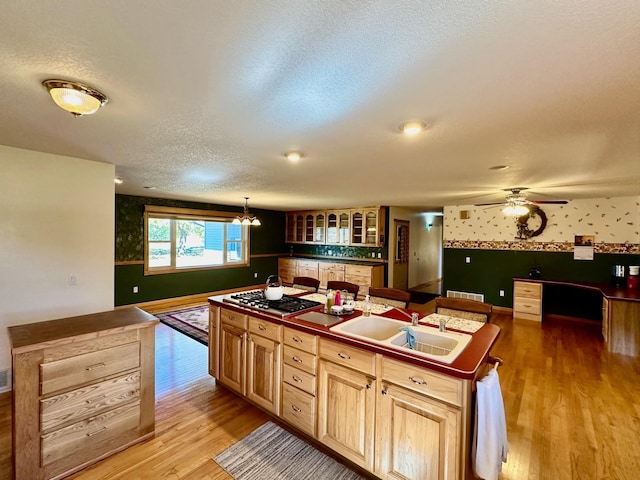 16335 County Road 2, Brainerd, MN 56401 - kitchen featuring light wood-type flooring, stainless steel gas stovetop, a sink, wallpapered walls, and a ceiling fan