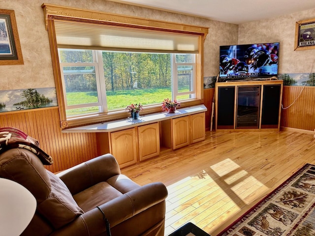 16335 County Road 2, Brainerd, MN 56401 - living area featuring light wood finished floors, wainscoting, and wood walls