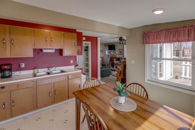 5591 Wildwood Ave, Isle, MN 56342 - kitchen featuring a sink, light countertops, and a ceiling fan