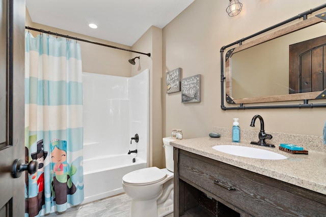 5234 Grand Ave, White Bear Twp, MN 55110 - bathroom with toilet, vanity, and shower / bath combo with shower curtain
