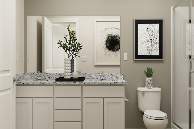 bathroom with toilet, double vanity, a sink, and a shower stall