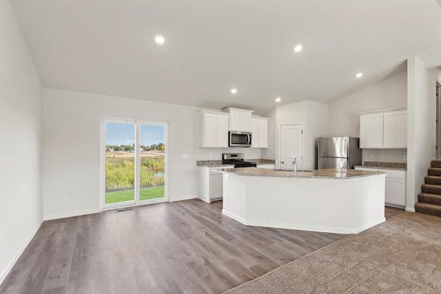 kitchen featuring light stone countertops, appliances with stainless steel finishes, a sink, lofted ceiling, and a center island with sink