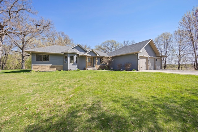 single story home featuring a garage, driveway, stone siding, a front lawn, and a shingled roof